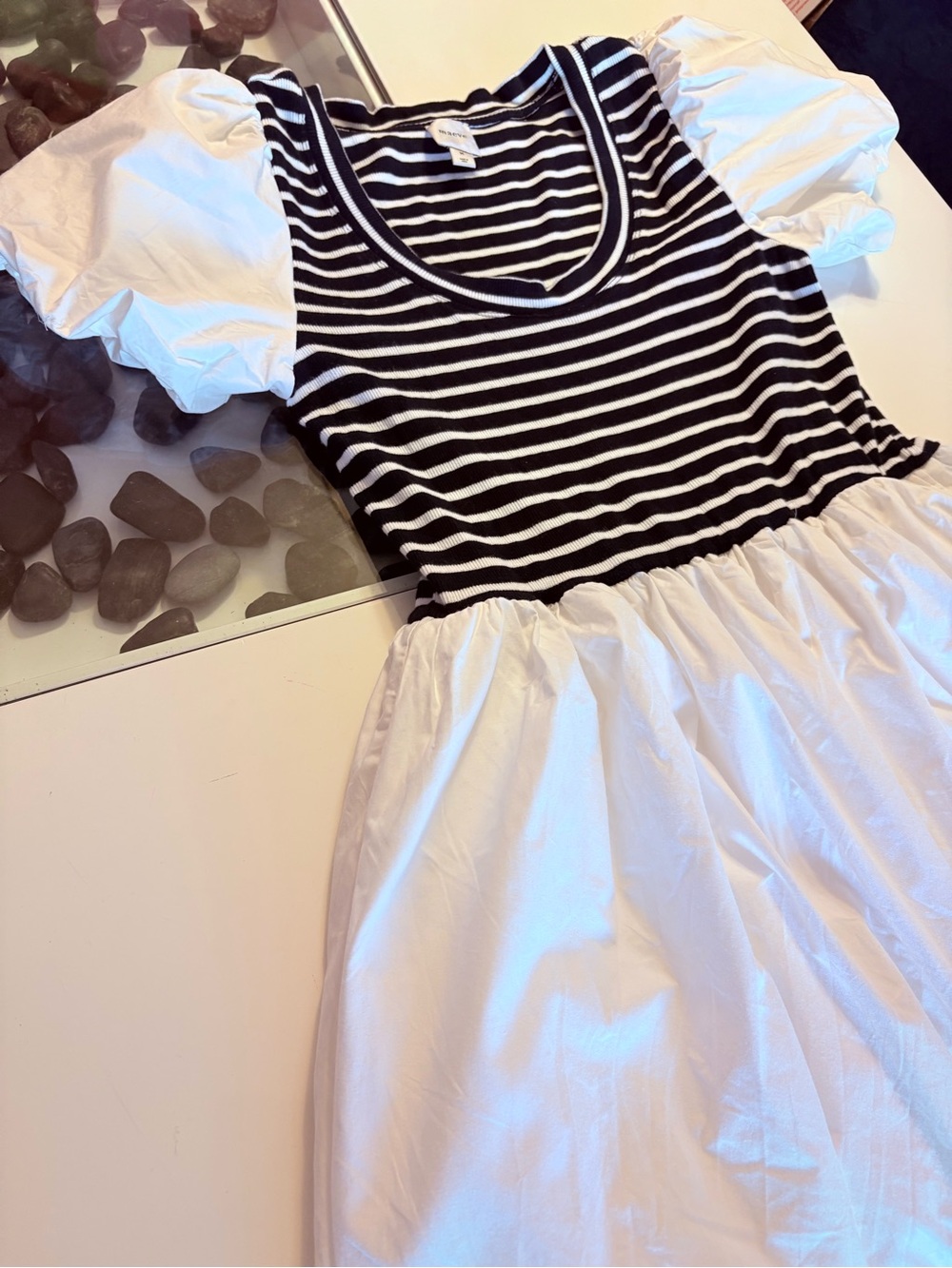 Maeve Striped Bodice Puff-Sleeve Midi Dress in White and Black - Picture 7 of 15